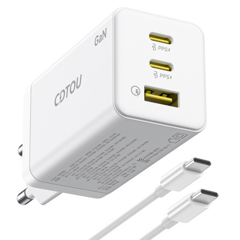CDTOU GaN PD PPS 65W 3포트 초고속 멀티충전기 + C to C 케이블 1m 세트, 화이트, 1개